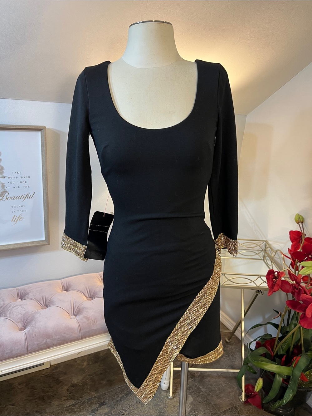 Bebe NWT Black & Gold Embellished Asymmetric Bodycon Dress Deadstock Size XS